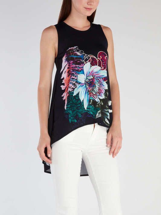 Черный асимметричный топ с цветочным принтом