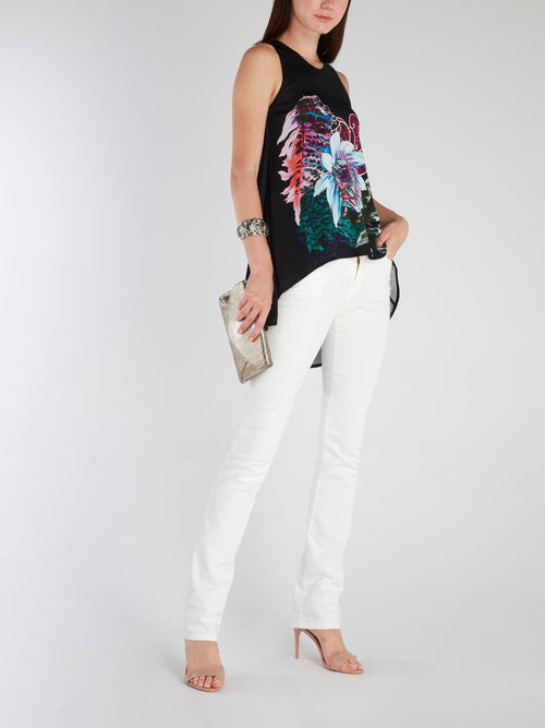 Черный асимметричный топ с цветочным принтом