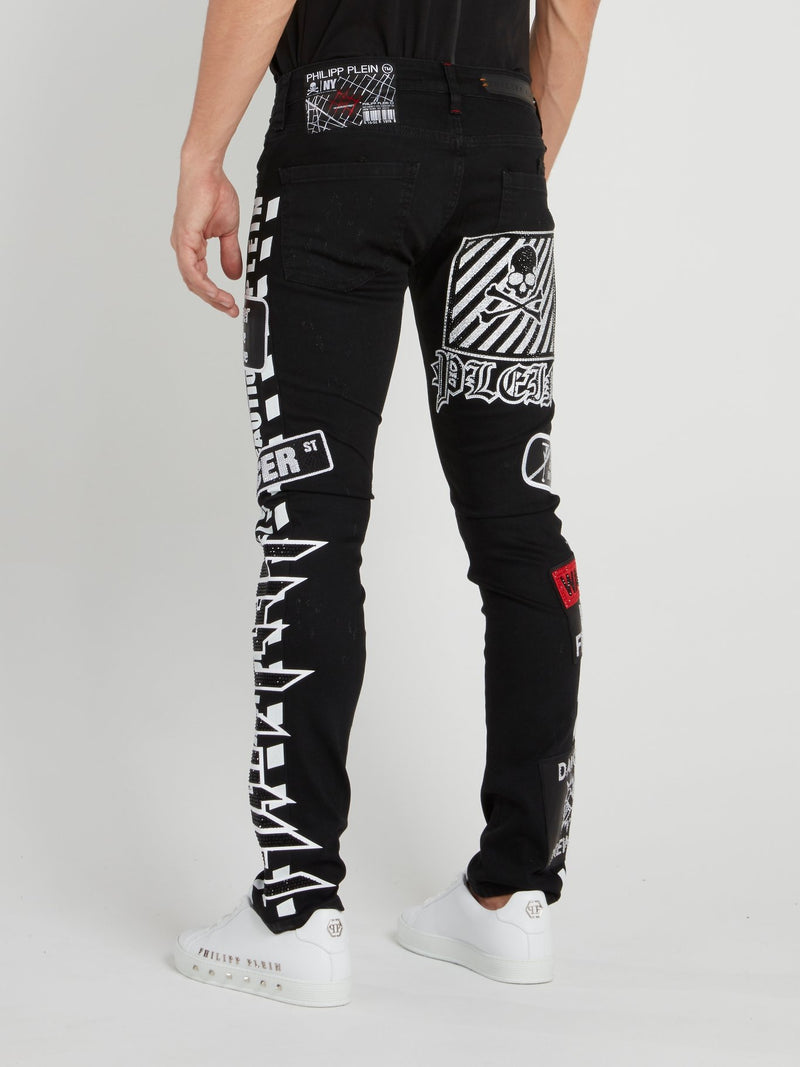 Черные джинсы скинни с надписями