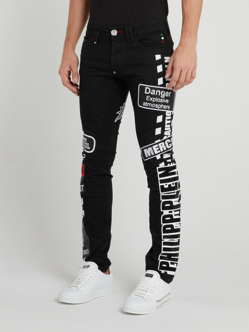 Черные джинсы скинни с надписями
