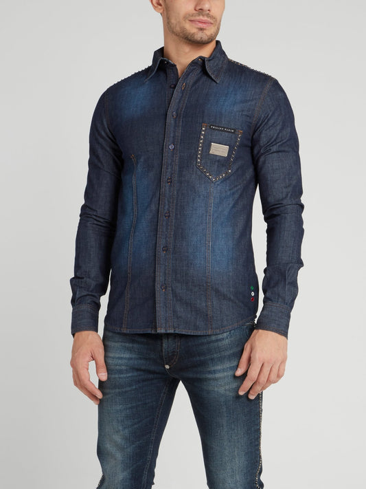 Темно-синяя джинсовая рубашка со стразами
