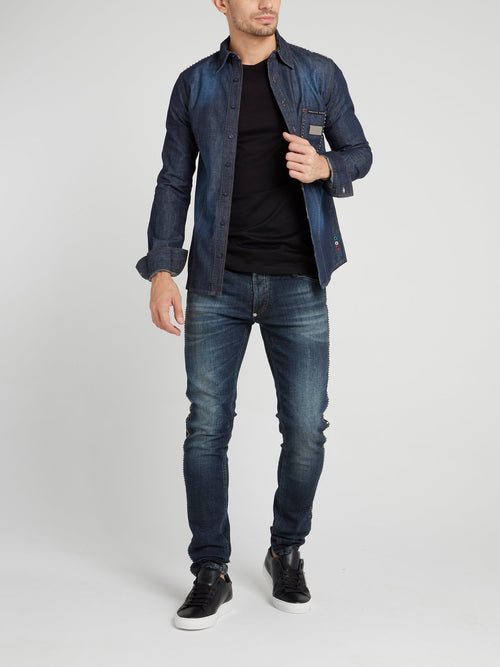 Темно-синяя джинсовая рубашка со стразами