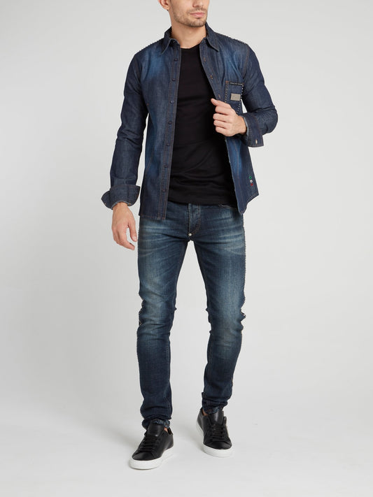 Темно-синяя джинсовая рубашка со стразами