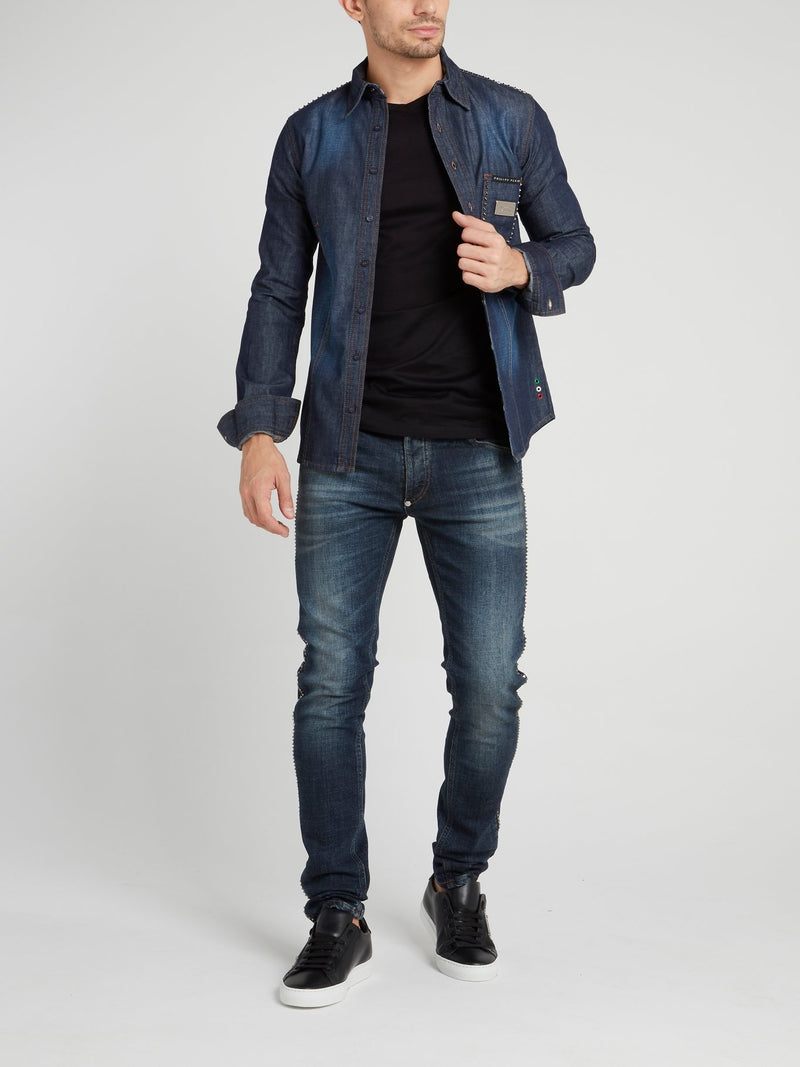 Темно-синяя джинсовая рубашка со стразами