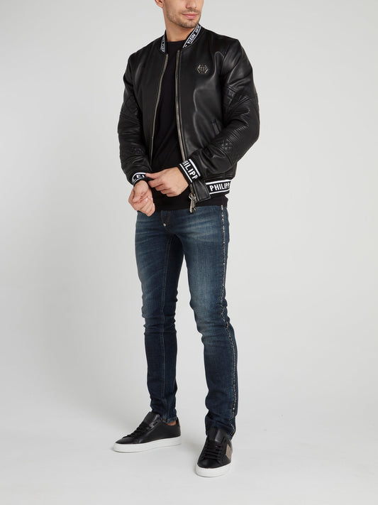 Черный кожаный бомбер с логотипом