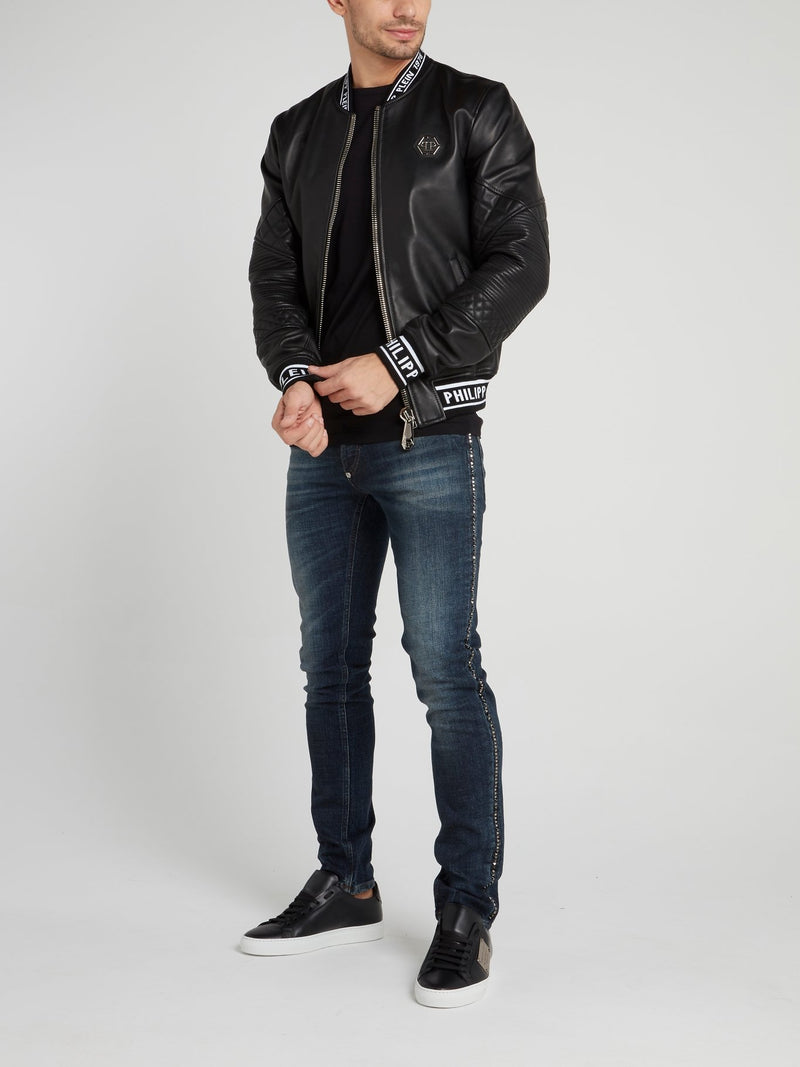 Черный кожаный бомбер с логотипом