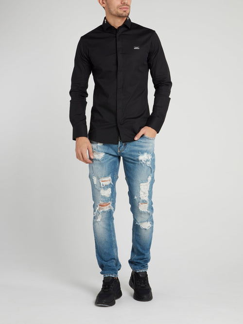 Черная рубашка с длинными рукавами с отделкой на воротнике