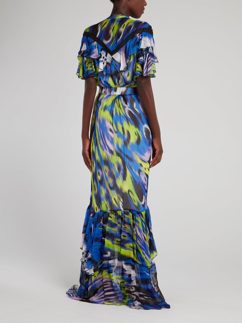 Синее платье-макси с оборками на лифе