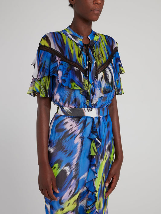 Синее платье-макси с оборками на лифе