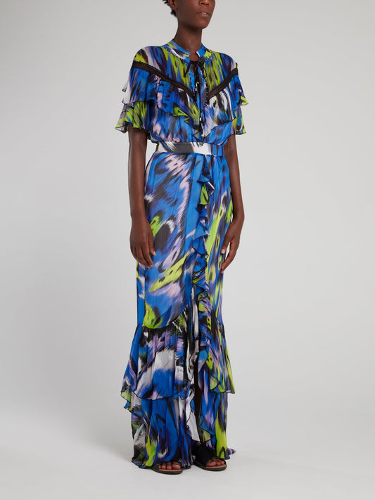 Синее платье-макси с оборками на лифе