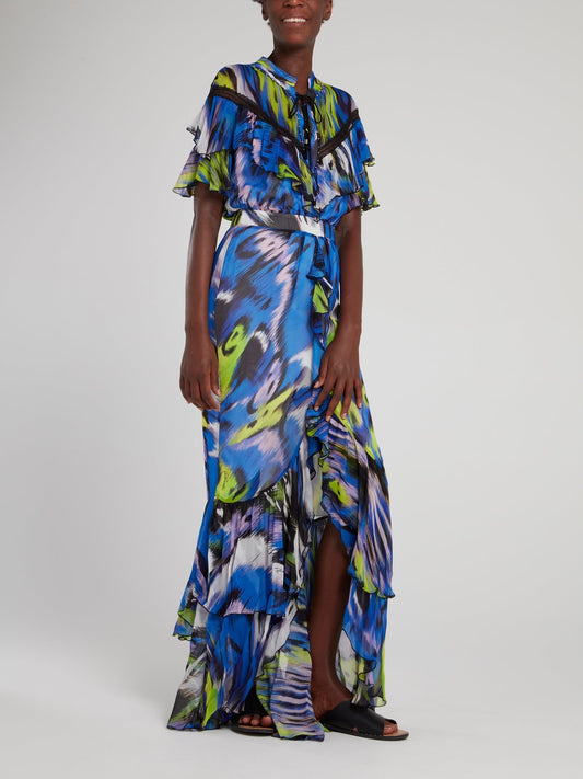 Синее платье-макси с оборками на лифе