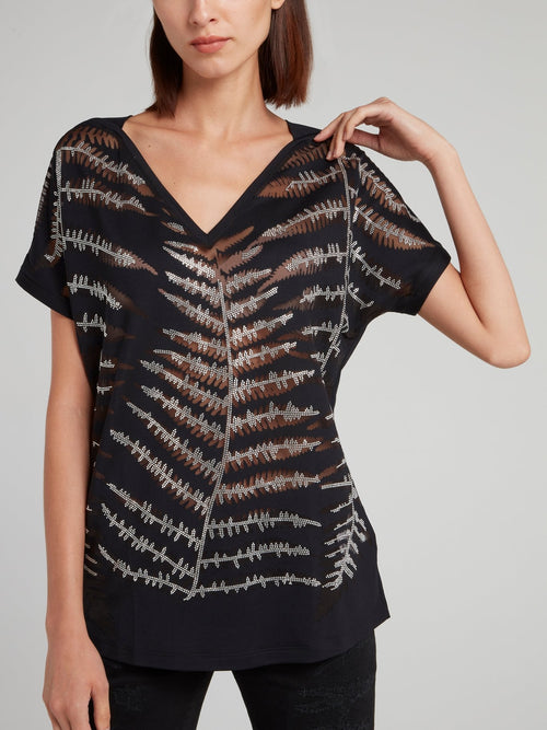 Темно-синяя рубашка с V-образным вырезом и стразами