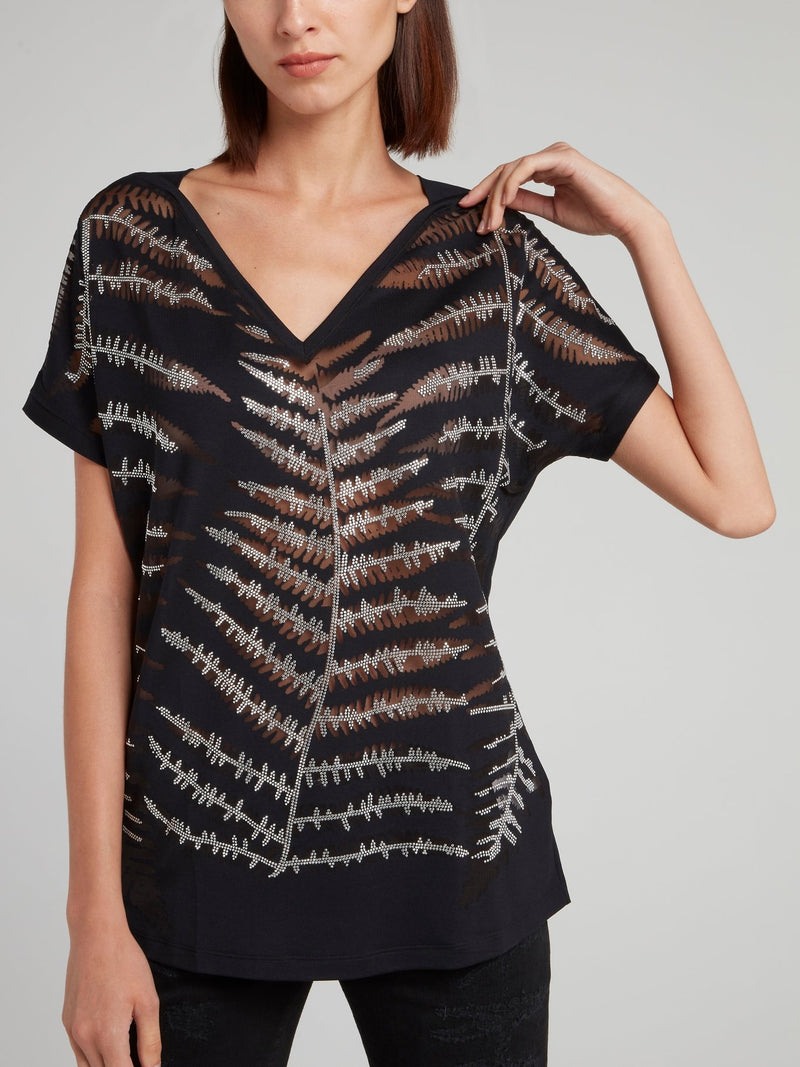 Темно-синяя рубашка с V-образным вырезом и стразами