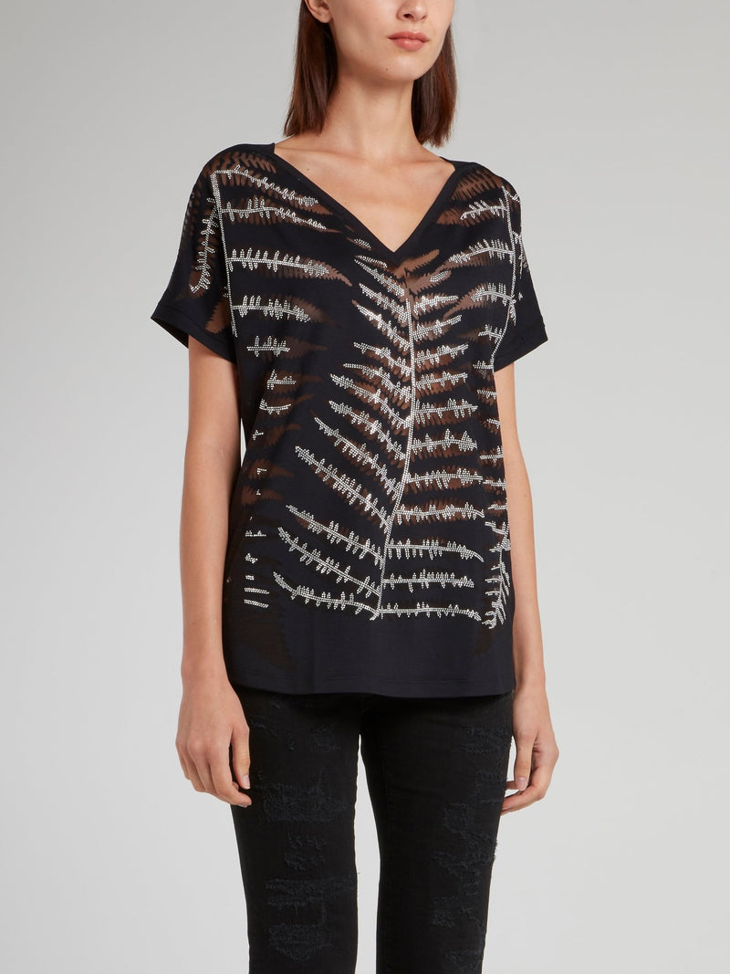 Темно-синяя рубашка с V-образным вырезом и стразами