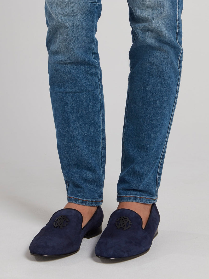 Темно-синие бархатные лоферы с монограммой