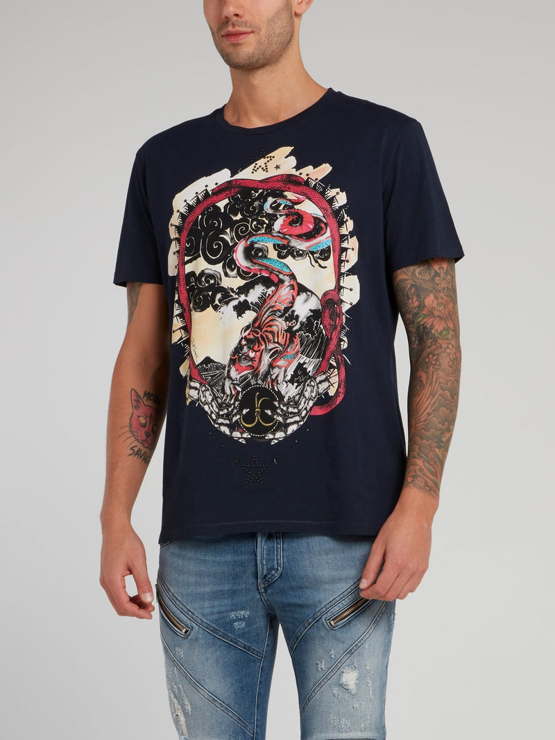 Темно-синяя футболка с рисунком и стразами