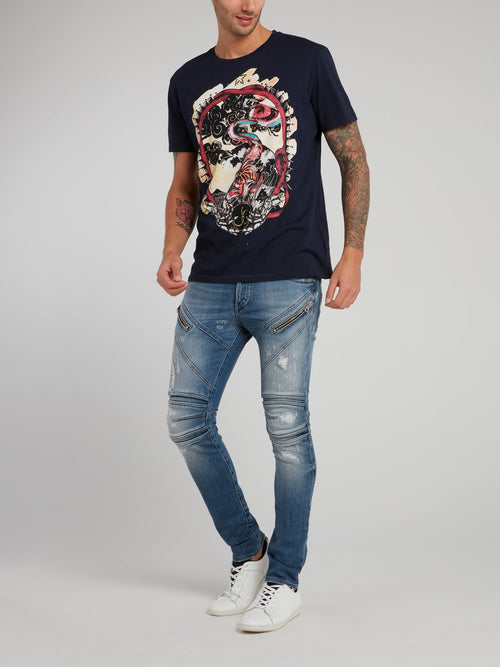 Темно-синяя футболка с рисунком и стразами