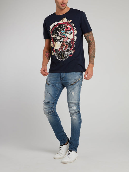 Темно-синяя футболка с рисунком и стразами