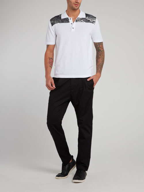 White Snake Print Panel Polo Shirt