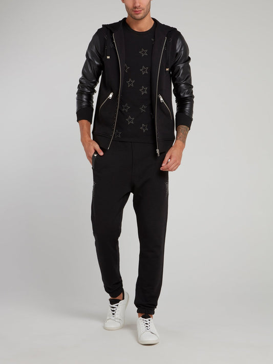Черная спортивная куртка с кожаными рукавами