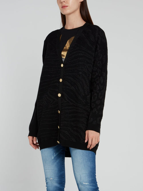 Черный блестящий кардиган с анималистическим принтом