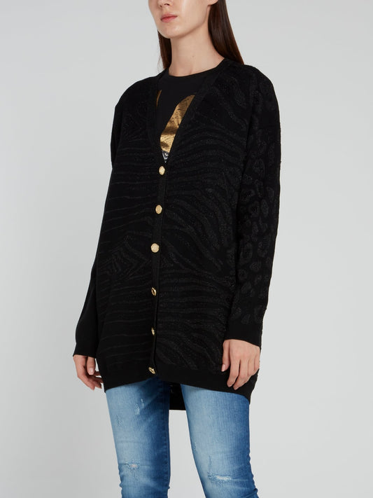 Черный блестящий кардиган с анималистическим принтом
