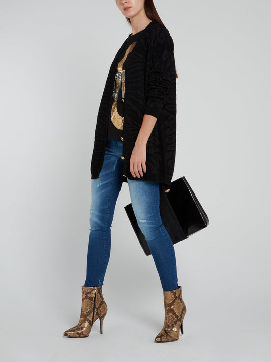 Черный блестящий кардиган с анималистическим принтом