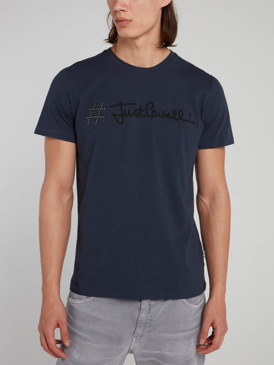 Темно-синяя хлопковая футболка с надписью