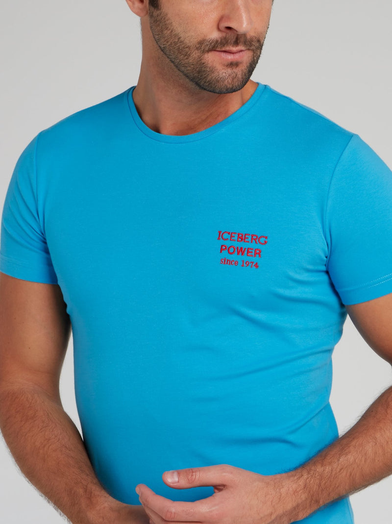 Голубая хлопковая футболка с вышивкой