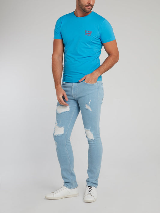 Голубая хлопковая футболка с вышивкой