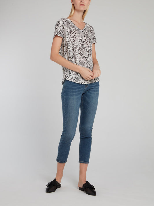 Льняная футболка с принтом и V-образным вырезом