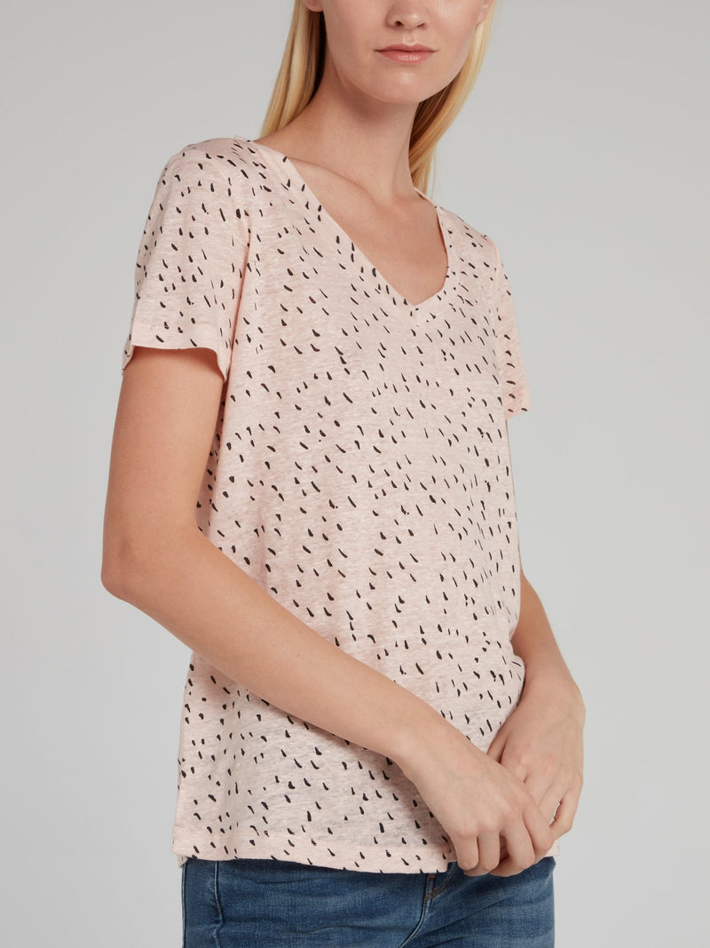 Бежевая льняная футболка с V-образным вырезом