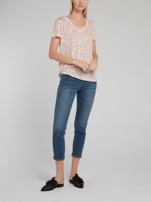 Бежевая льняная футболка с V-образным вырезом