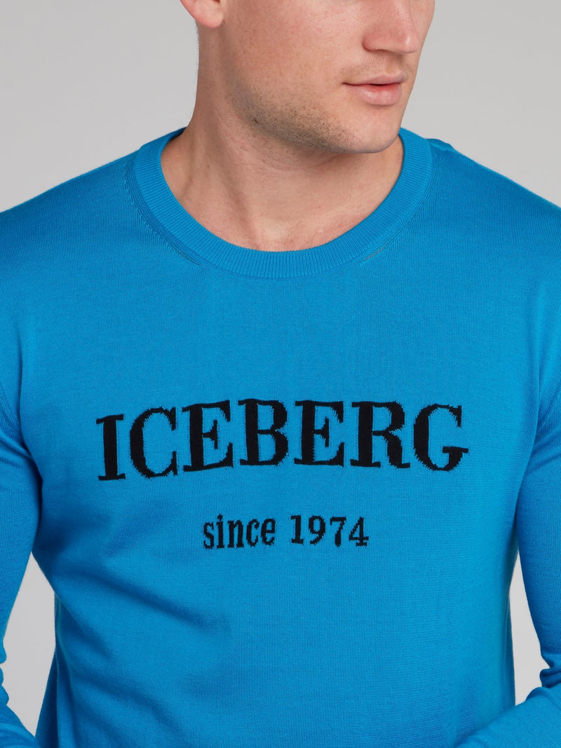 Синий классический трикотажный свитшот с логотипом