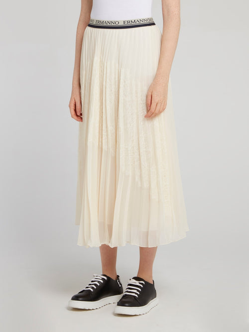 Logo Waistband Pleated Midi Skirt