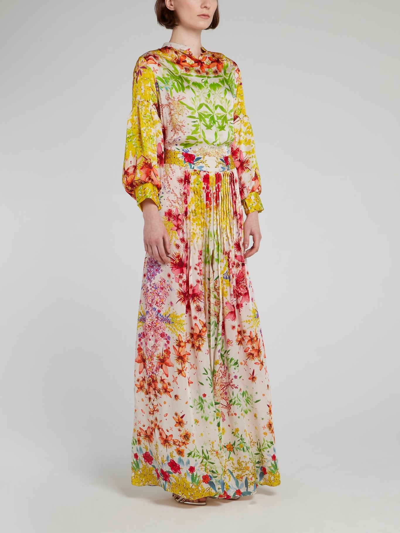 Oriental Print Pleated Slit Dress