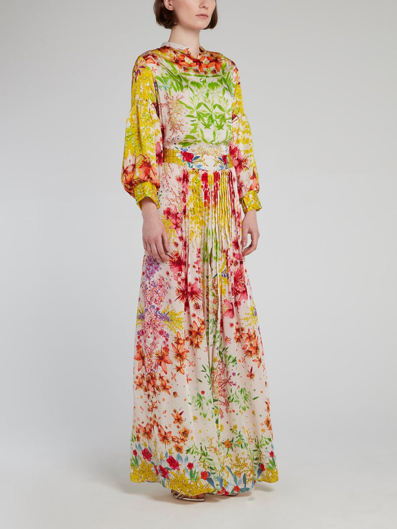 Oriental Print Pleated Slit Dress