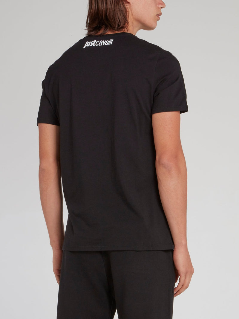 Черная хлопковая футболка с изображением головы леопарда