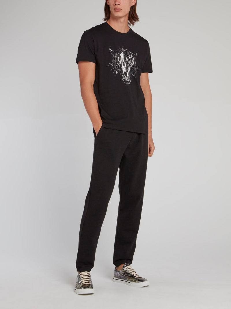 Черная хлопковая футболка с изображением головы леопарда