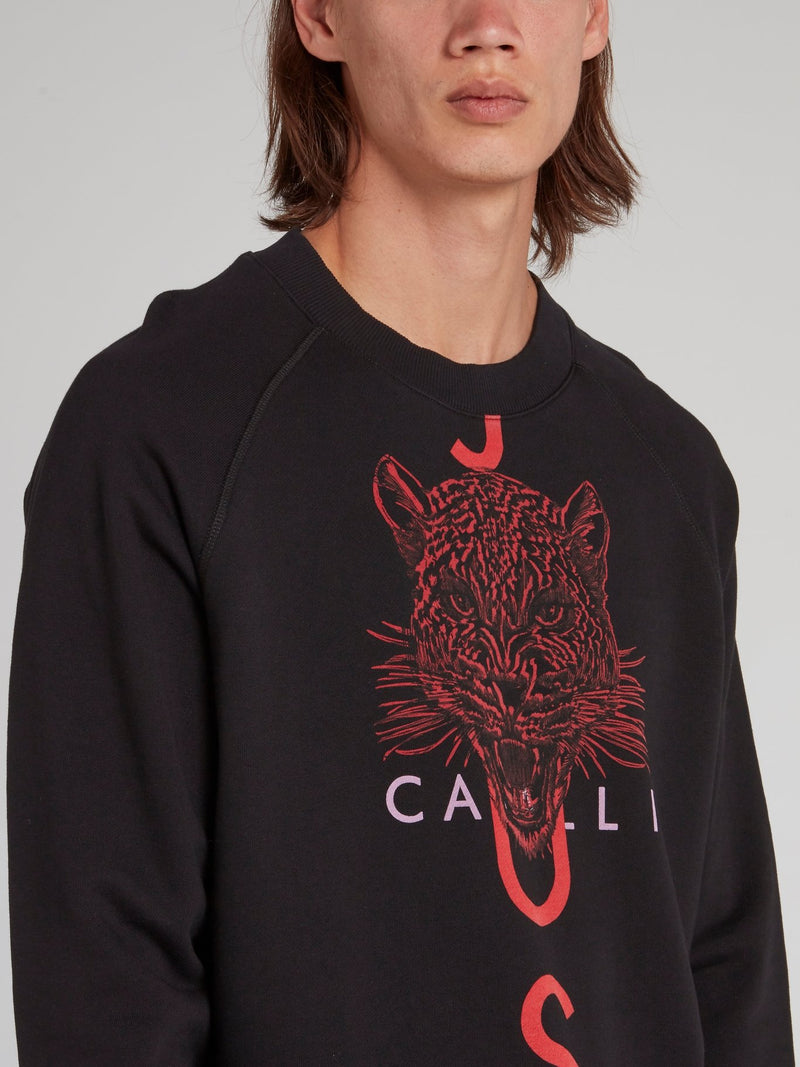 Черный хлопковый свитшот с изображением головы леопарда