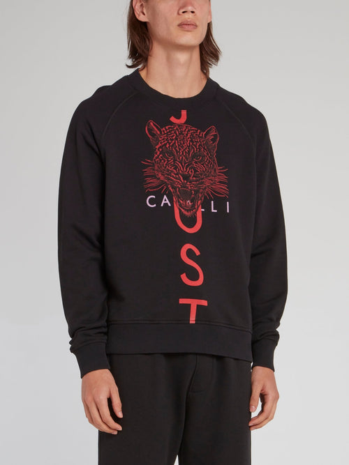 Черный хлопковый свитшот с изображением головы леопарда