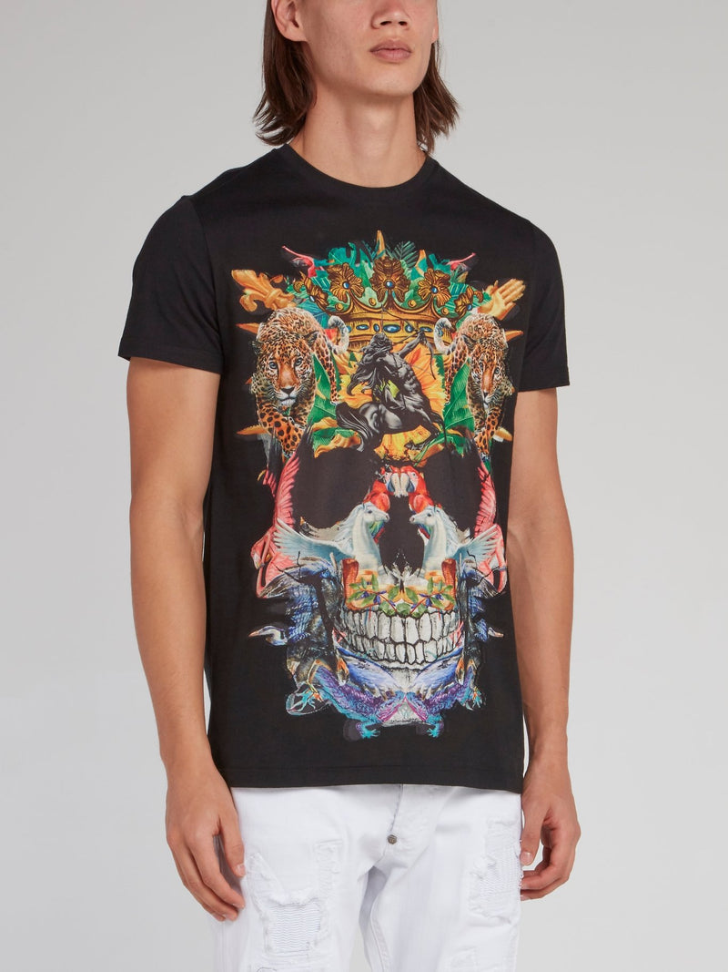 Черная футболка с черепом и абстракцией