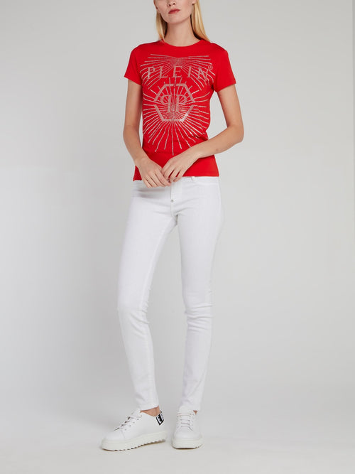 Красная футболка с монограммой из страз