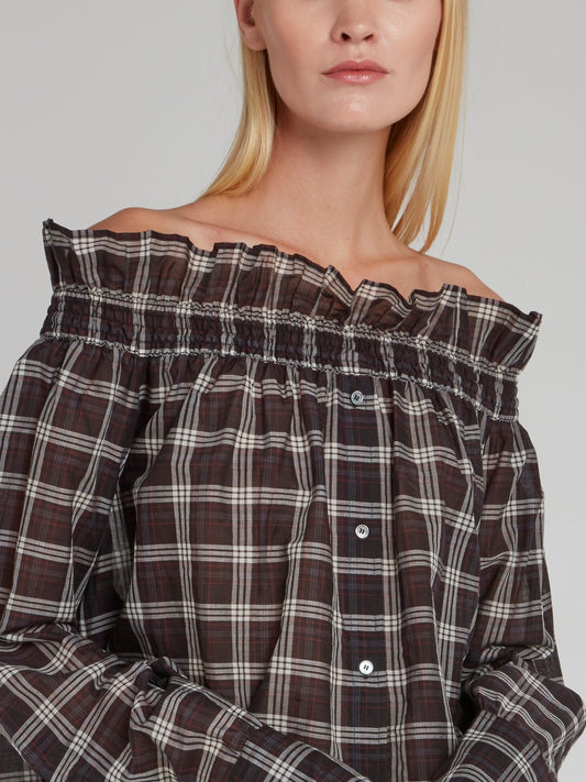 Блузка в клетку с открытыми плечами и длинным шлейфом