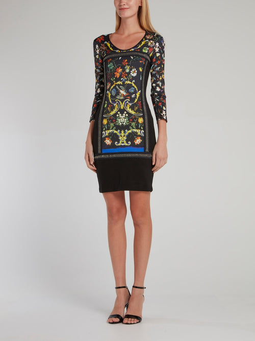 Black Floral Baroque Print Mini Dress