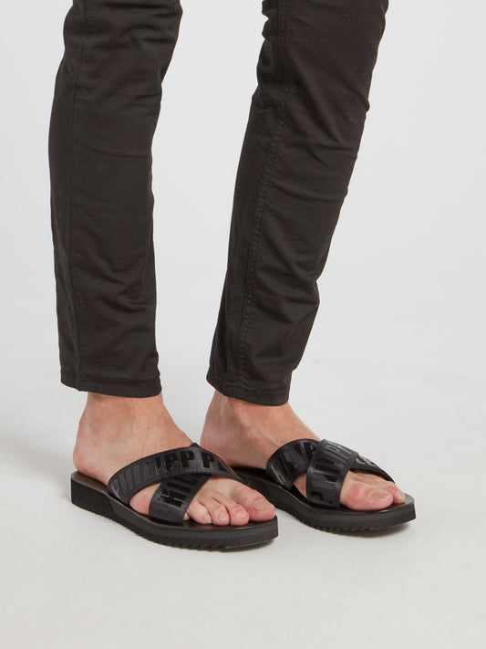 Черные шлепанцы с ремешками крест-накрест и логотипом