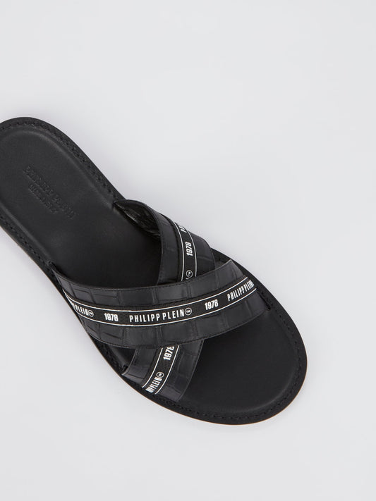 Шлепанцы с ремешками крест-накрест и эффектом крокодиловой кожи