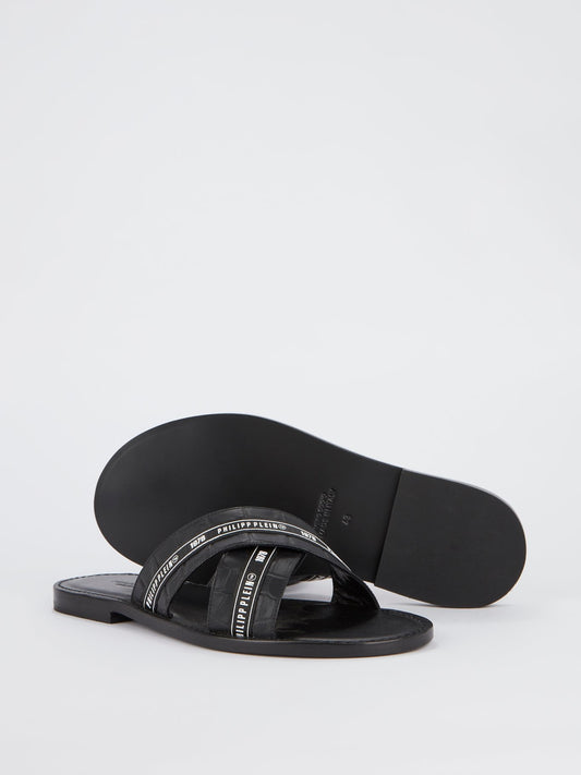 Шлепанцы с ремешками крест-накрест и эффектом крокодиловой кожи