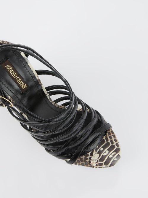 Босоножки на танкетке с эффектом змеиной кожи