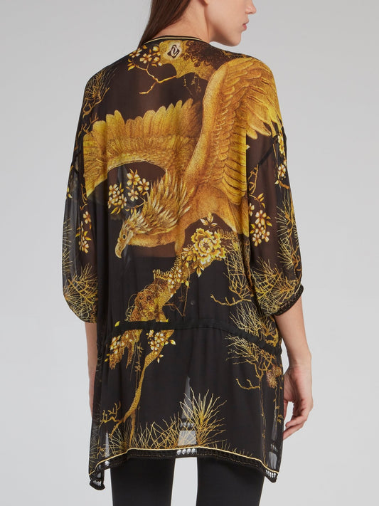 Черная блузка с поясом и принтом